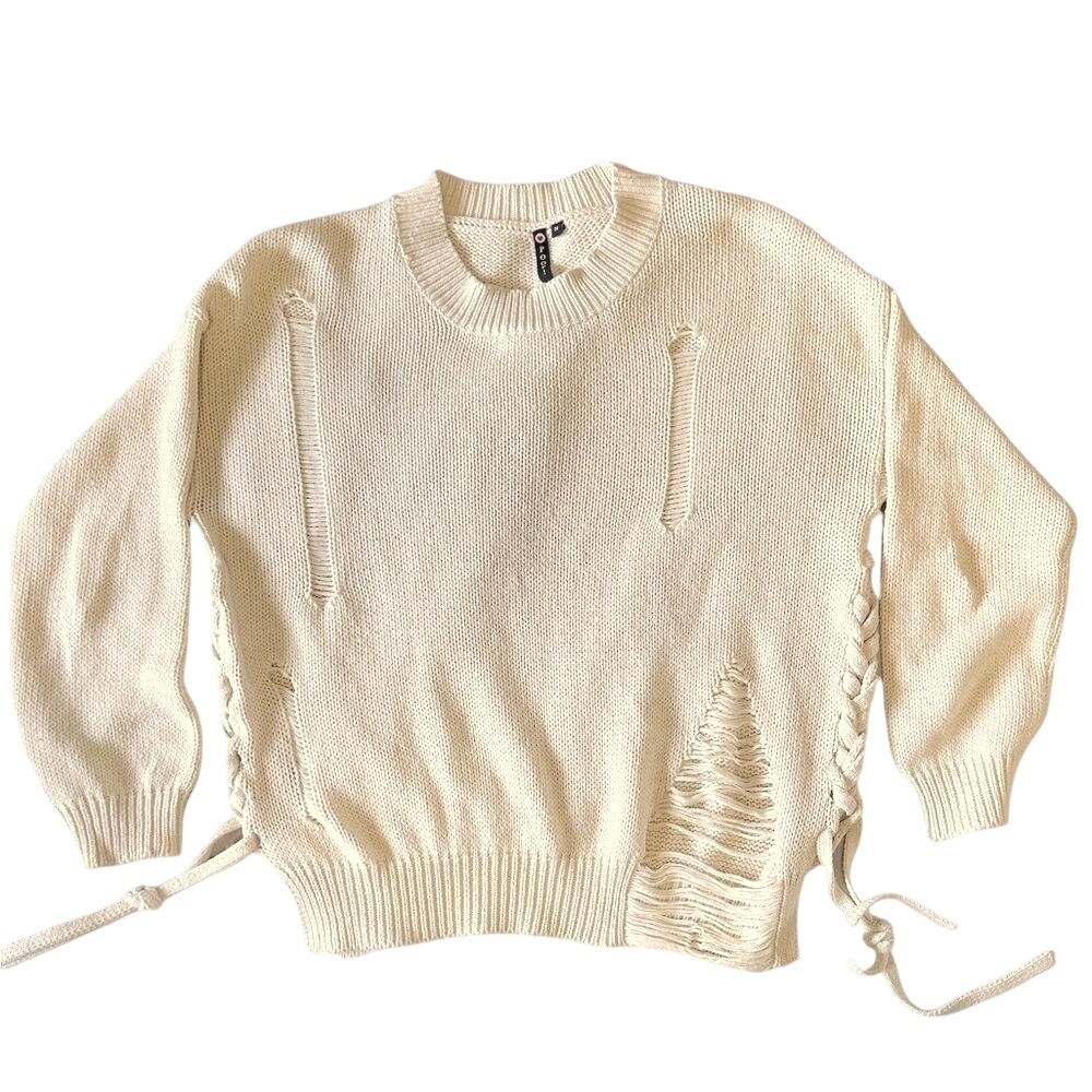 Poof! Womens Distressed Lace Up Side Knit Sweater Cream Ivory Size M 252367J